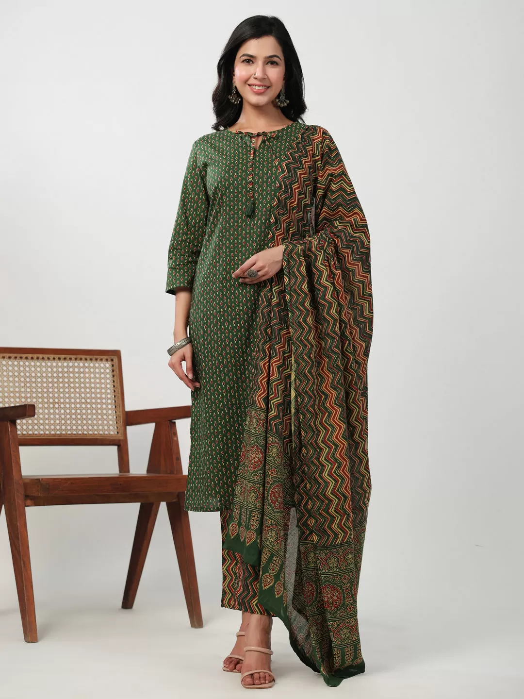 Green Cotton Ethinc Motifs Regular Kurta Set