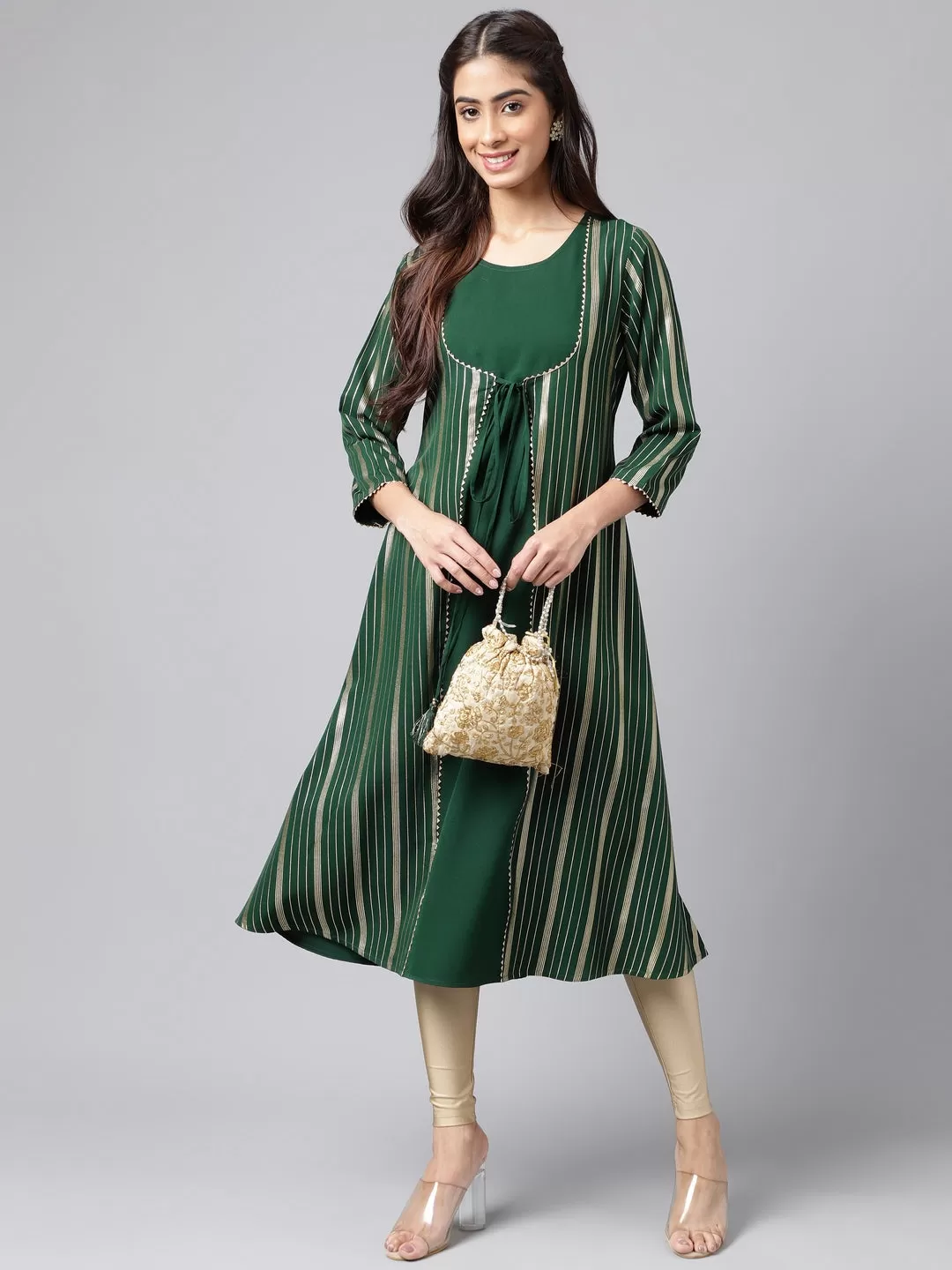 Green Crepe Foil Printed A-Line Kurta