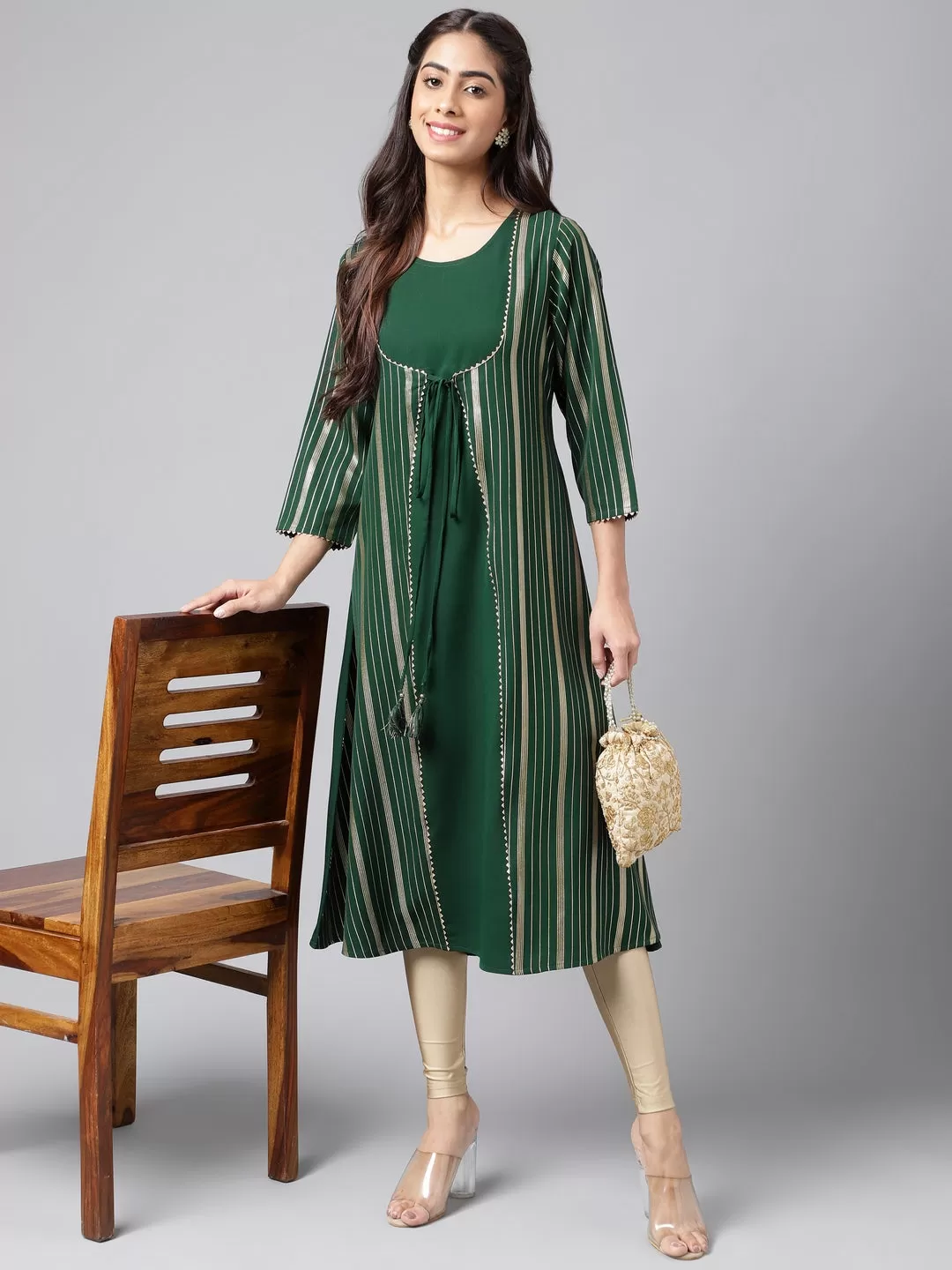 Green Crepe Foil Printed A-Line Kurta