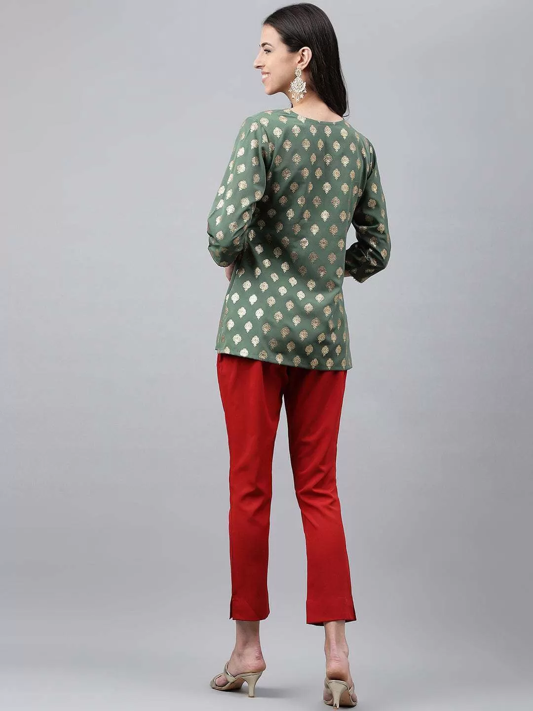 Green Crepe Foil Printed Top with Pant