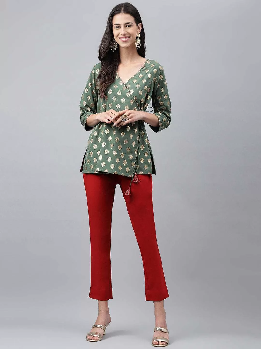 Green Crepe Foil Printed Top with Pant