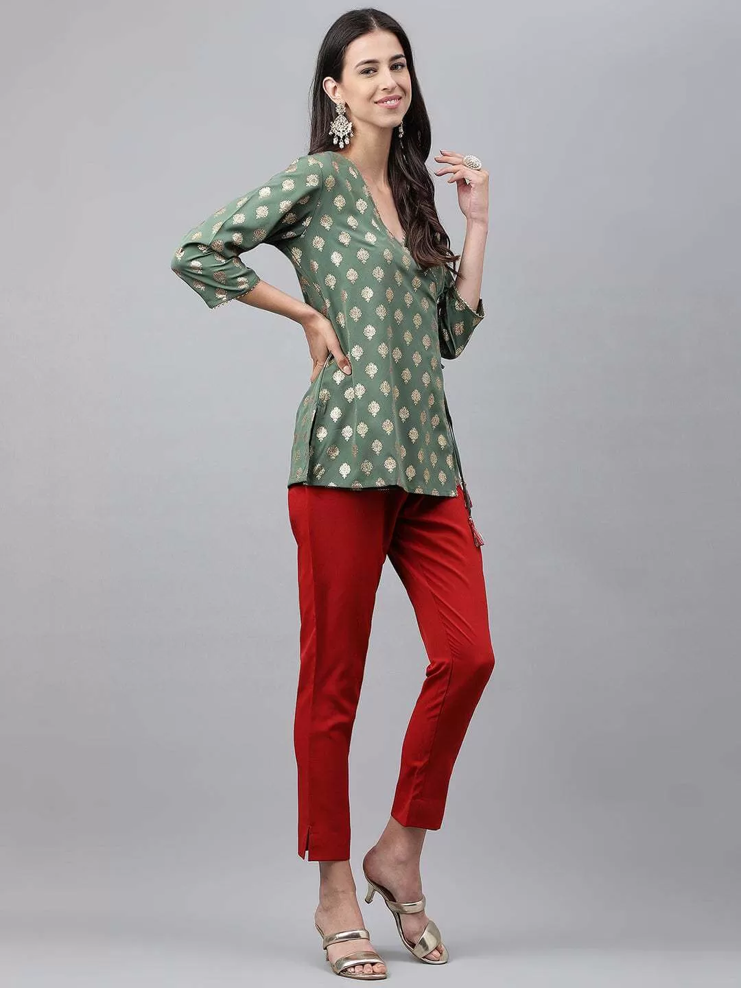 Green Crepe Foil Printed Top with Pant