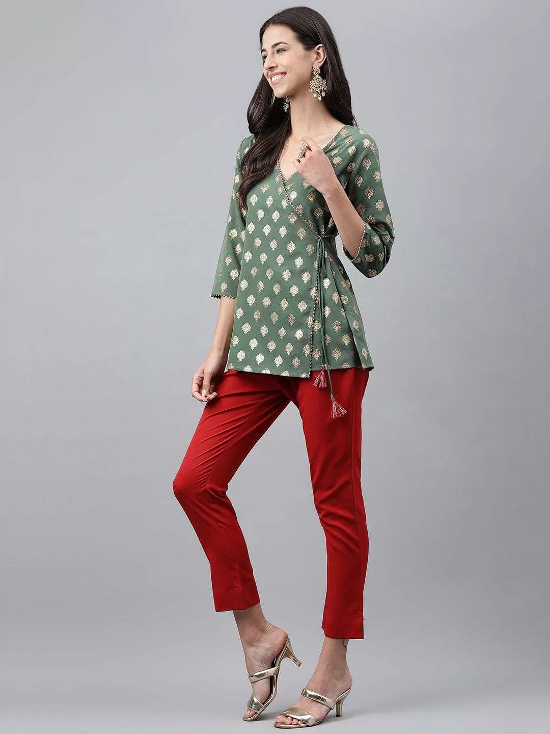 Green Crepe Foil Printed Top with Pant