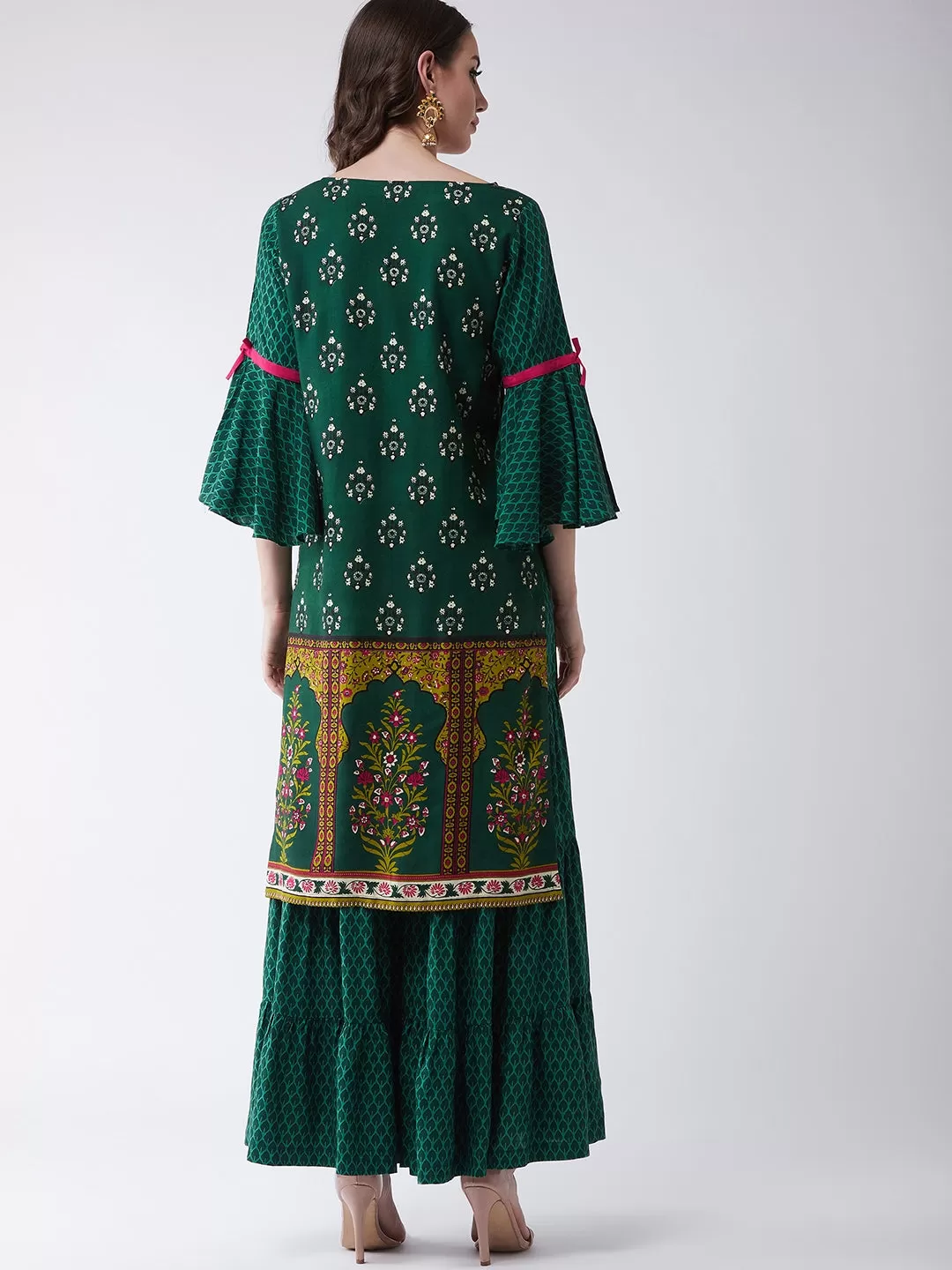 Green Mughal Printed Kurta With Sharara Pants