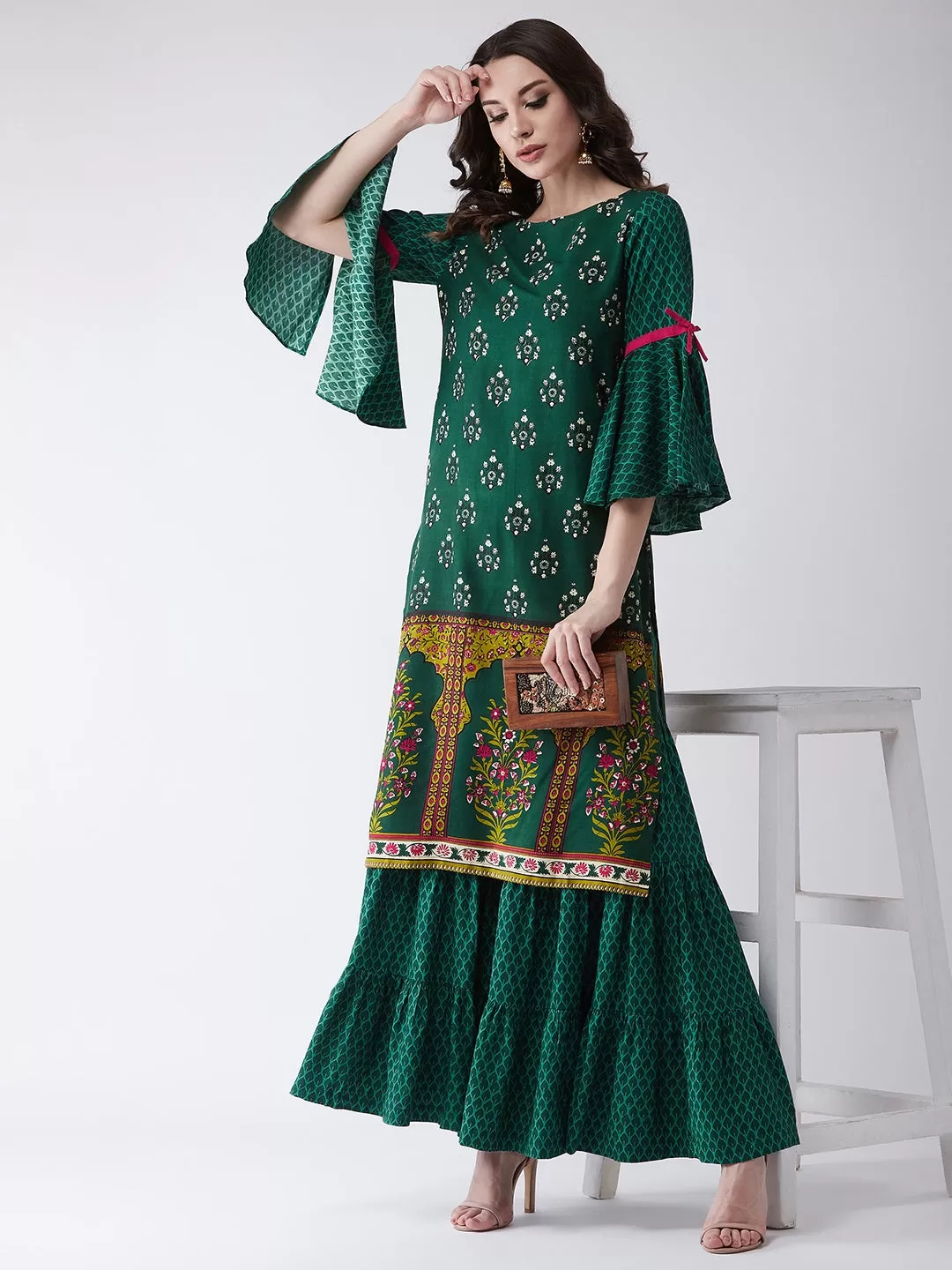 Green Mughal Printed Kurta With Sharara Pants