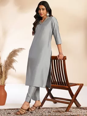 Grey Crepe Silk Lace Up Regular Kurta Set