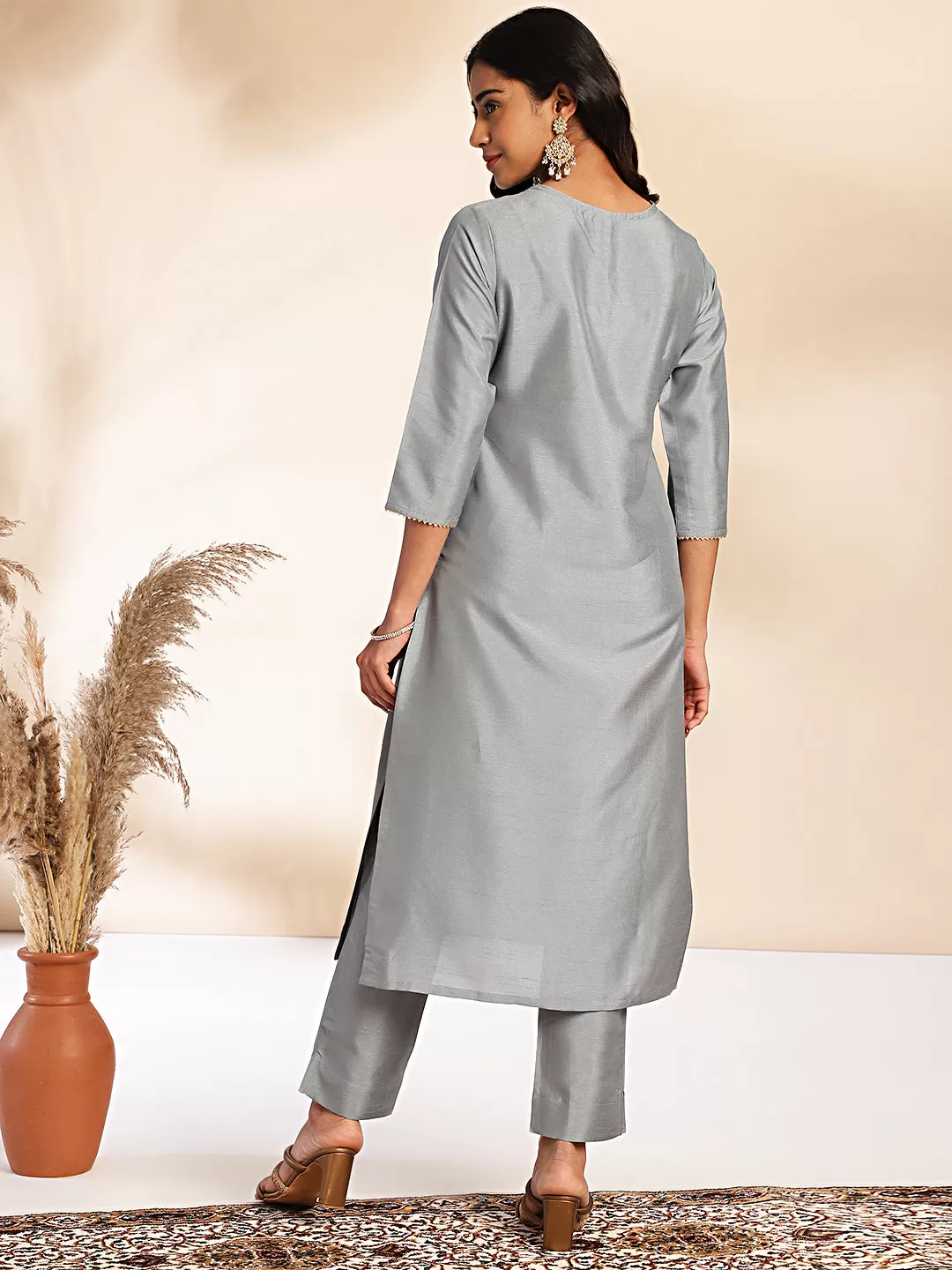 Grey Crepe Silk Lace Up Regular Kurta Set