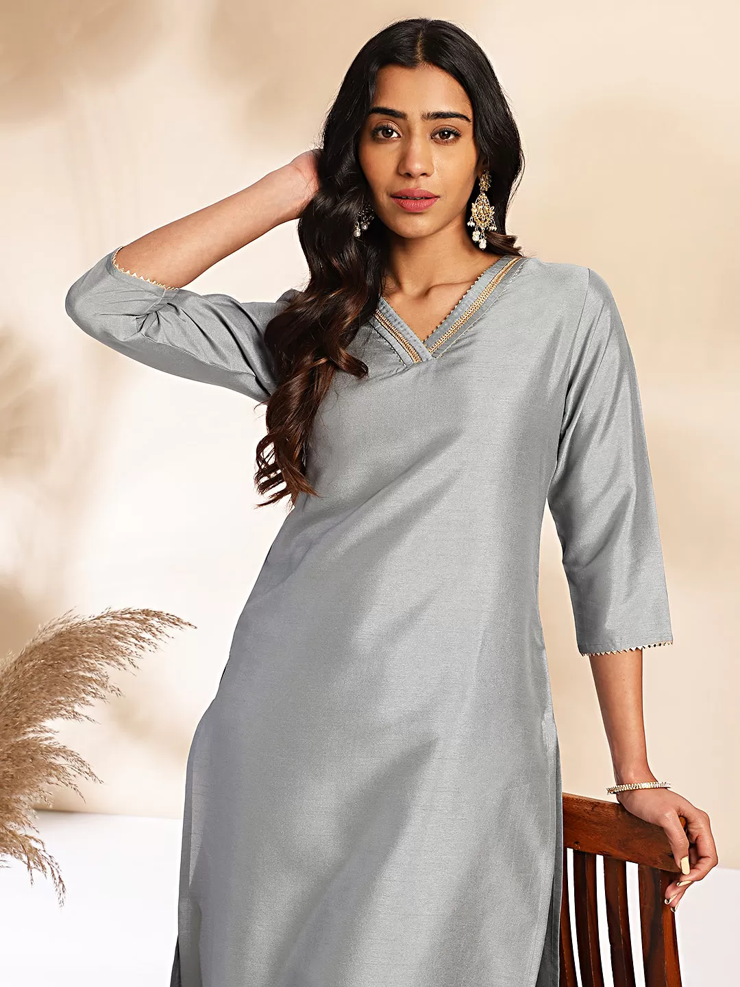 Grey Crepe Silk Lace Up Regular Kurta Set