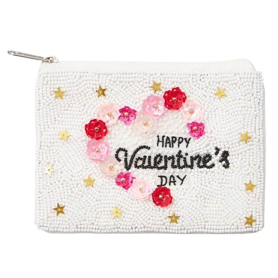 HAPPY VALENTINES DAY Message Flower Sequin Beaded Pouch Bag