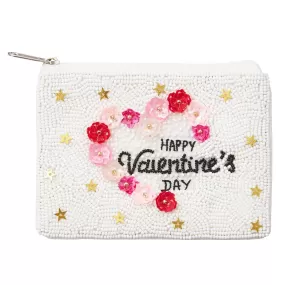 HAPPY VALENTINES DAY Message Flower Sequin Beaded Pouch Bag