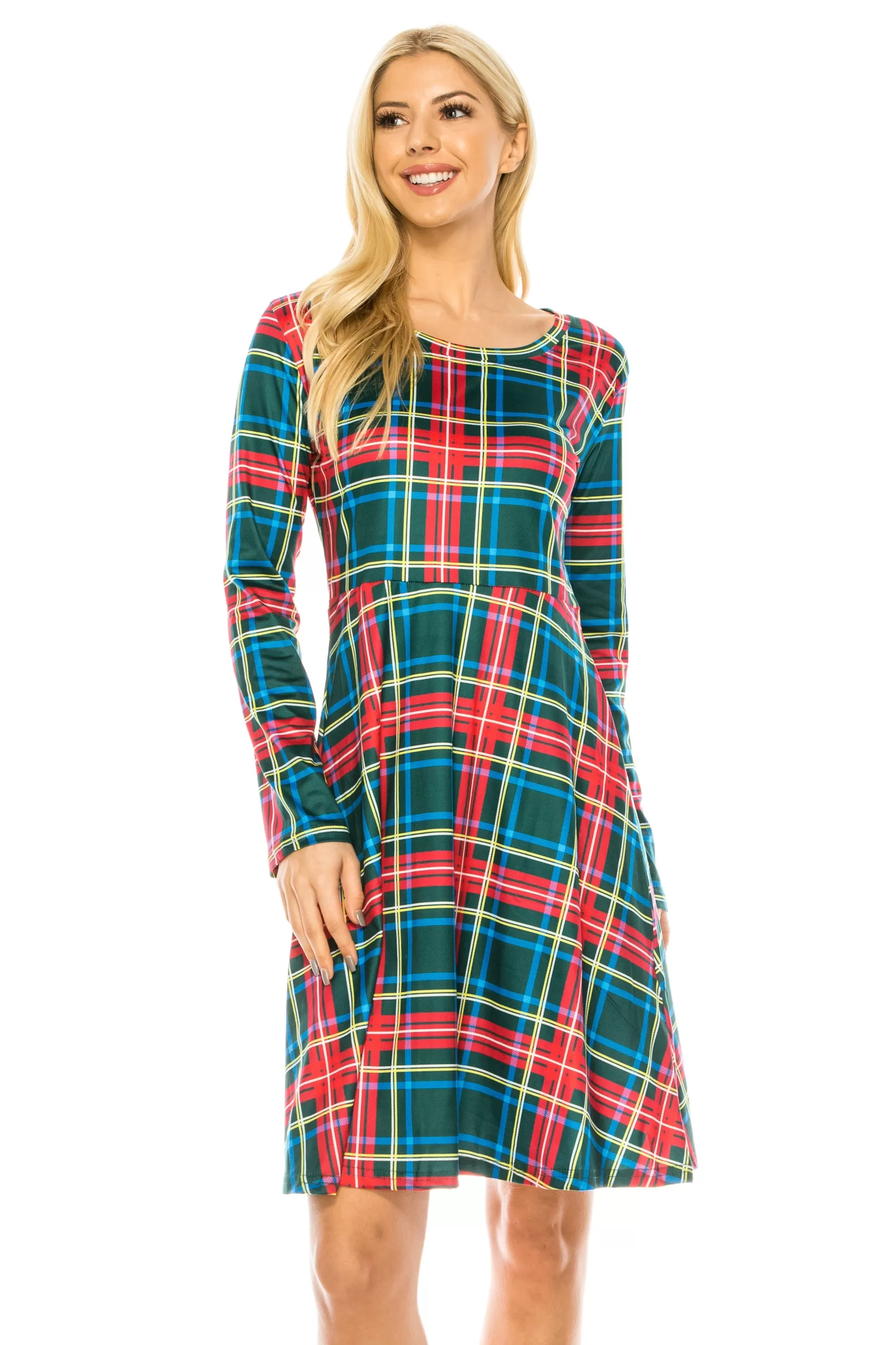 Haute Edition Women's Christmas Plaid & Solid Holiday Long Sleeve Skater Party Dress