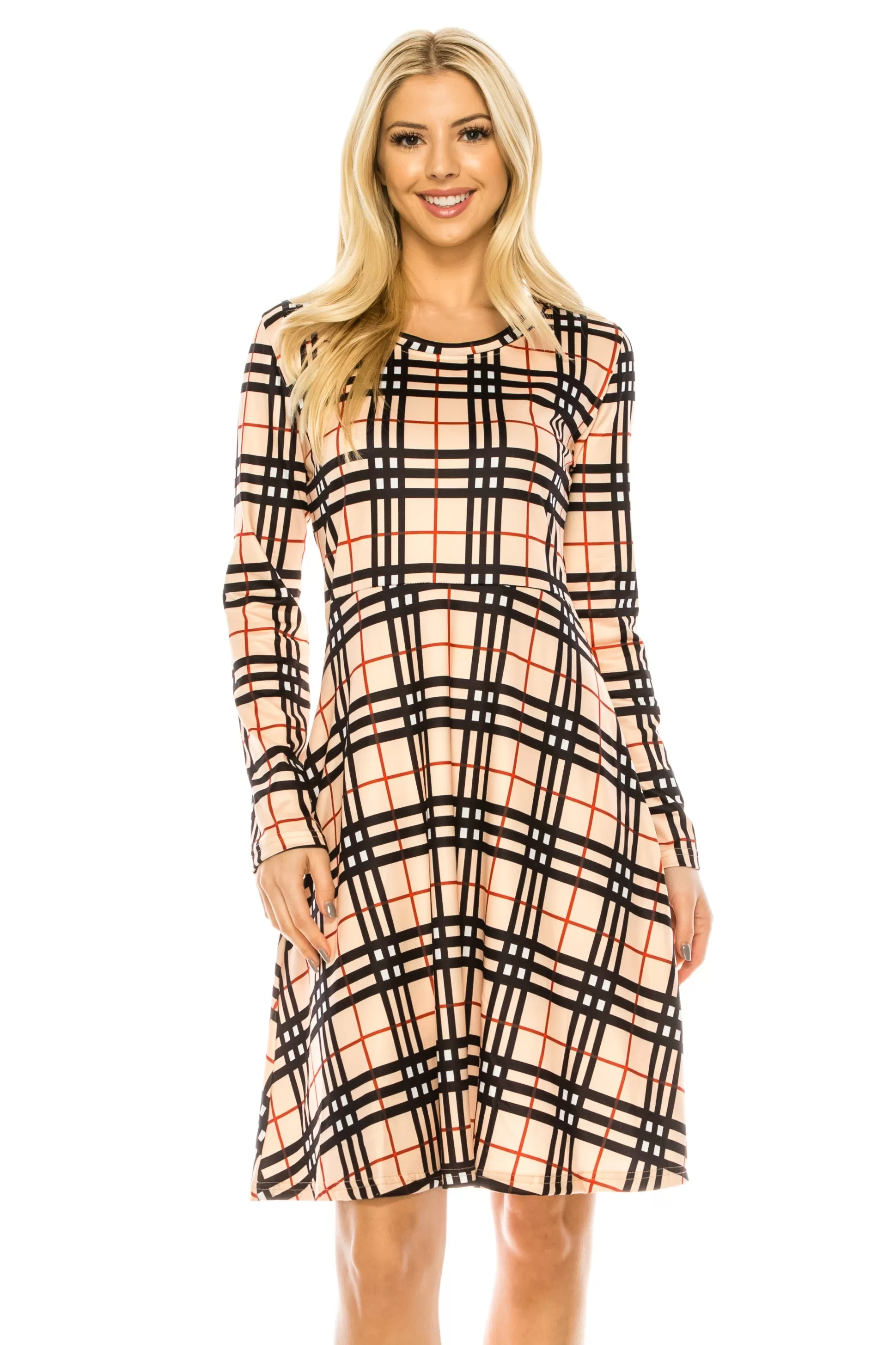 Haute Edition Women's Christmas Plaid & Solid Holiday Long Sleeve Skater Party Dress