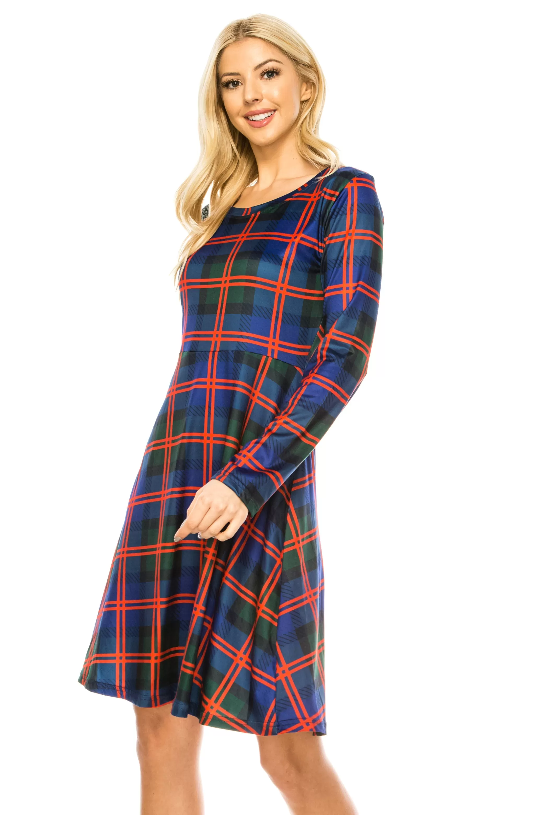 Haute Edition Women's Christmas Plaid & Solid Holiday Long Sleeve Skater Party Dress