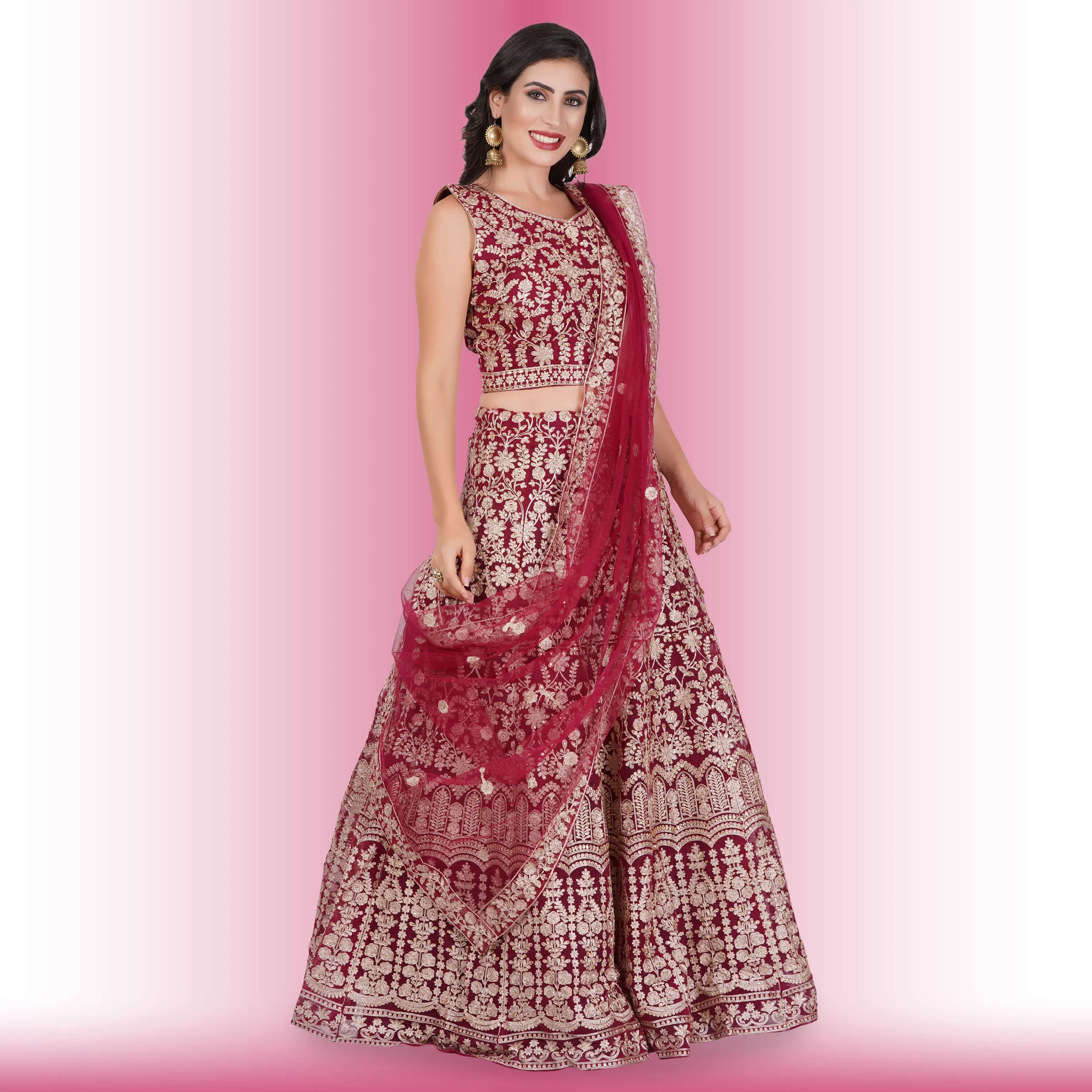 Heavy Embroidery Georgette Lehenga - Red