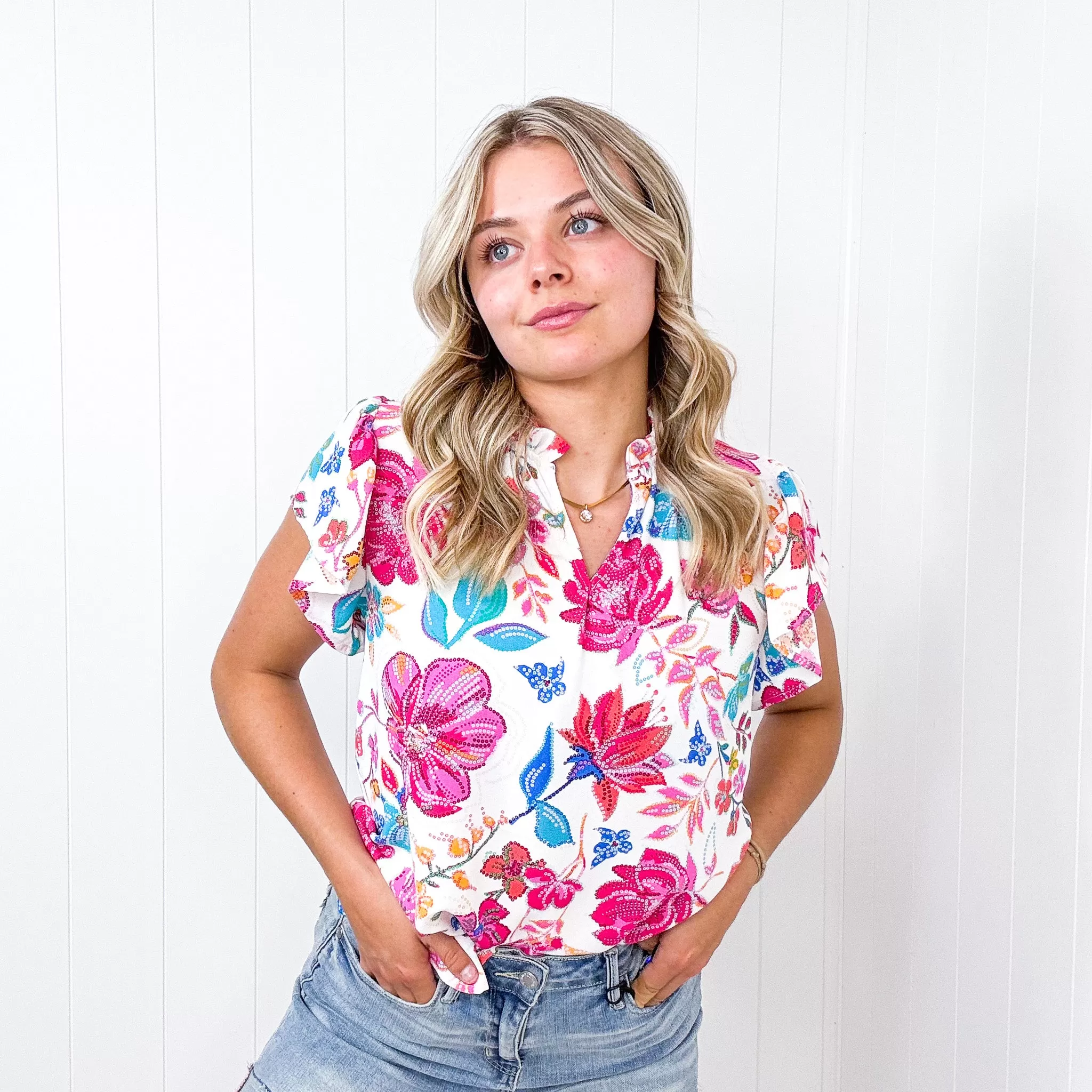 Hello Beautiful Ivory Floral Sequin Print Frill Notch Neck Top