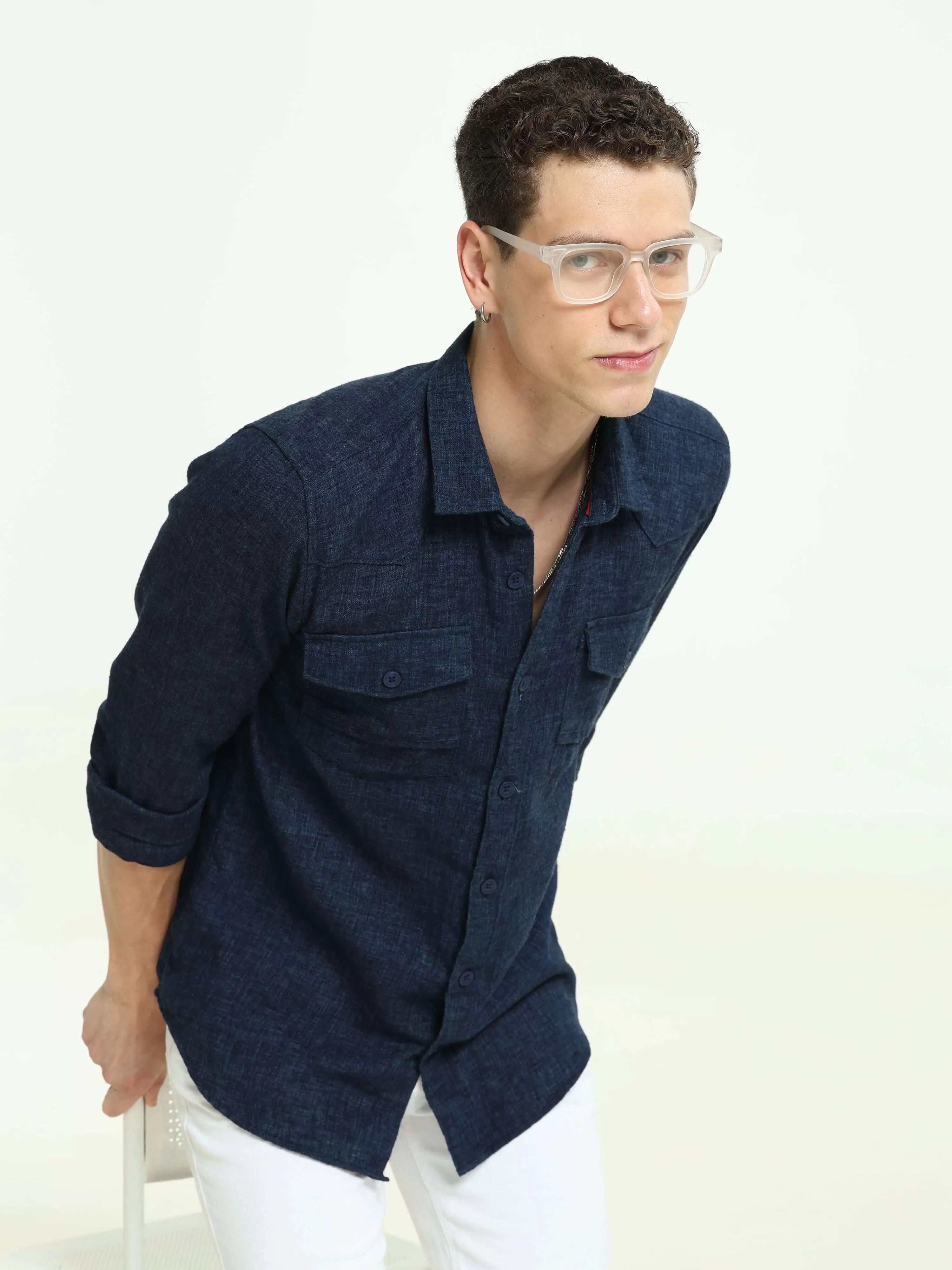 Indigo navy solid double pocket shirt