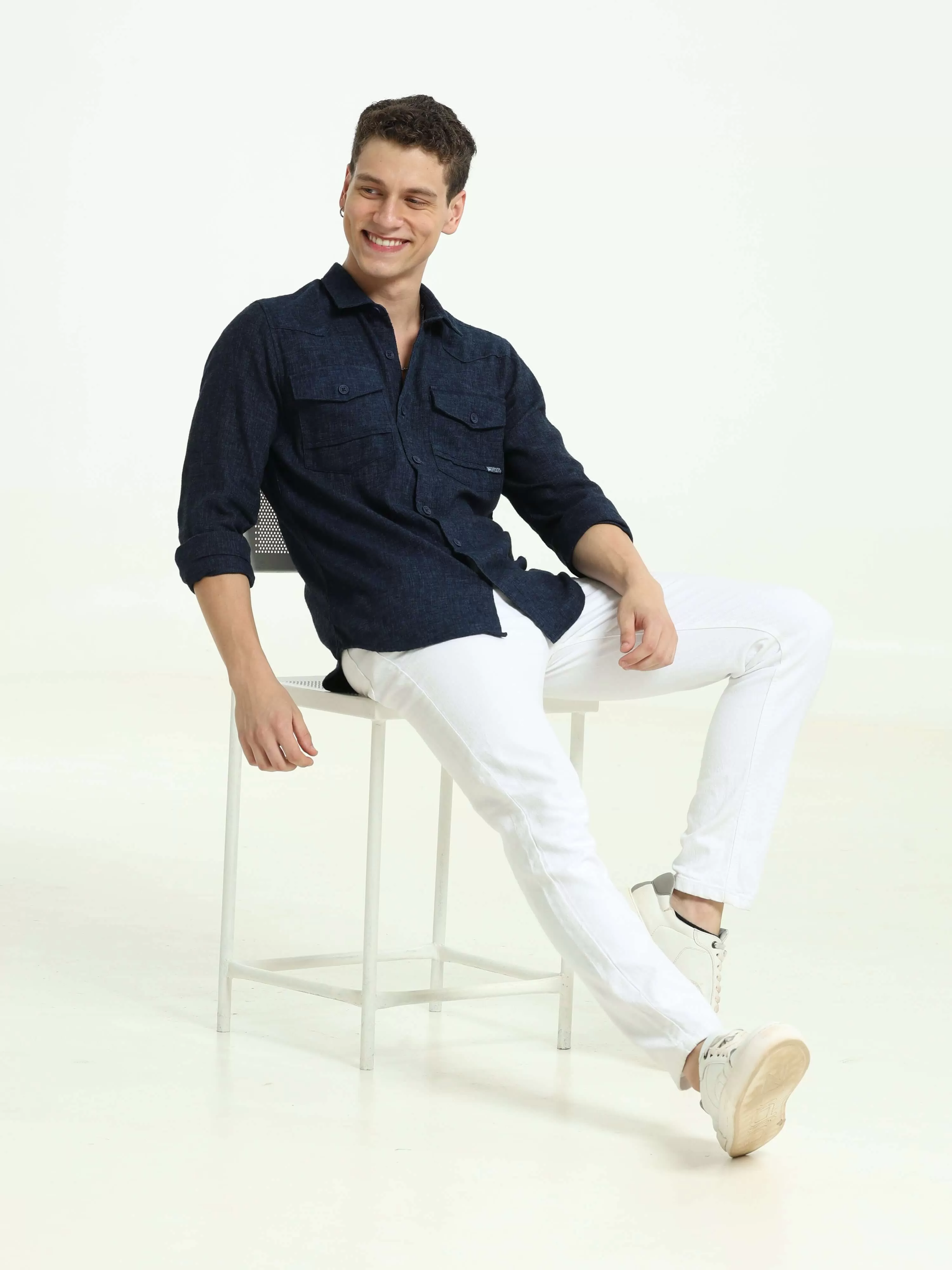 Indigo navy solid double pocket shirt