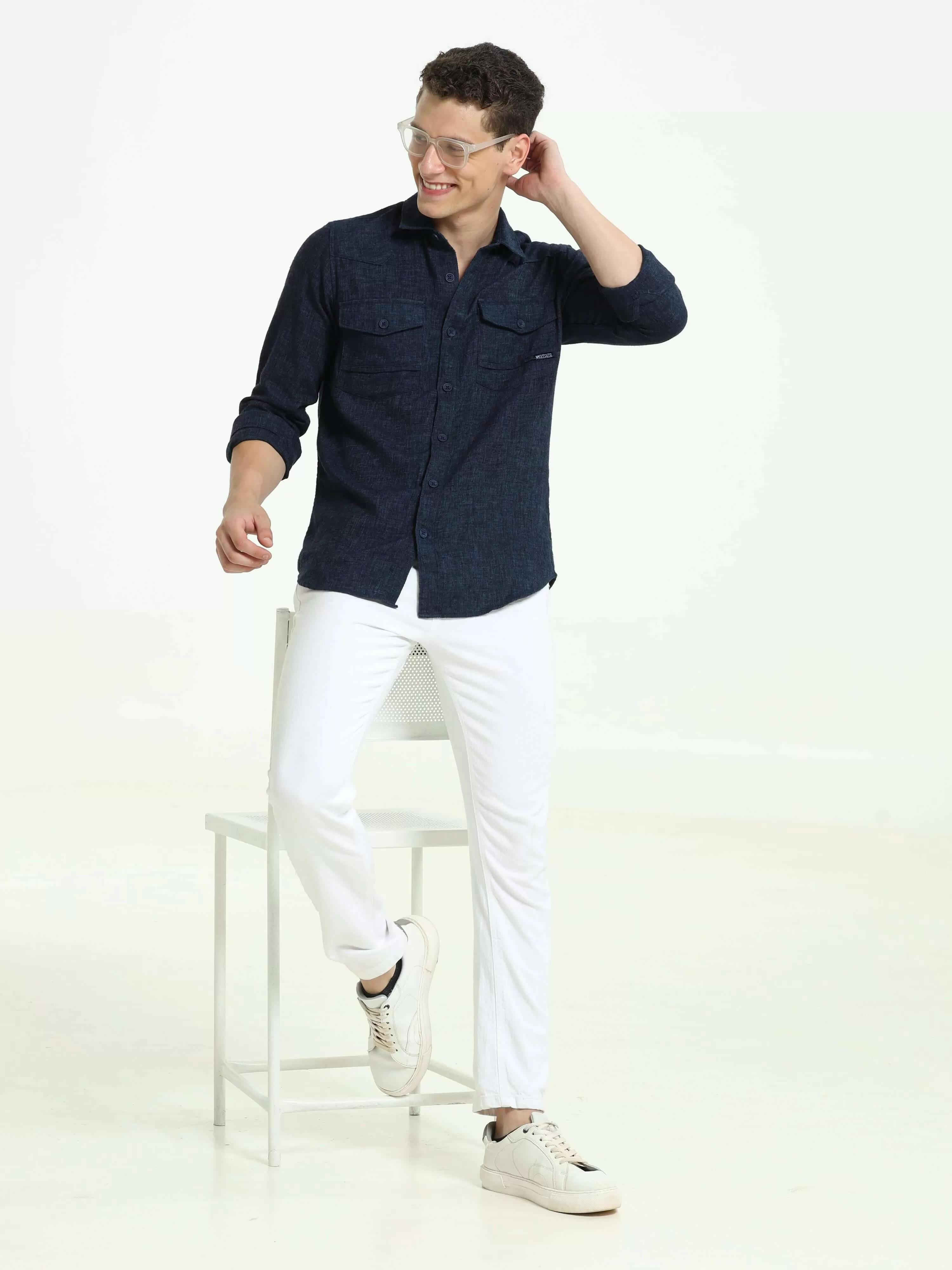 Indigo navy solid double pocket shirt