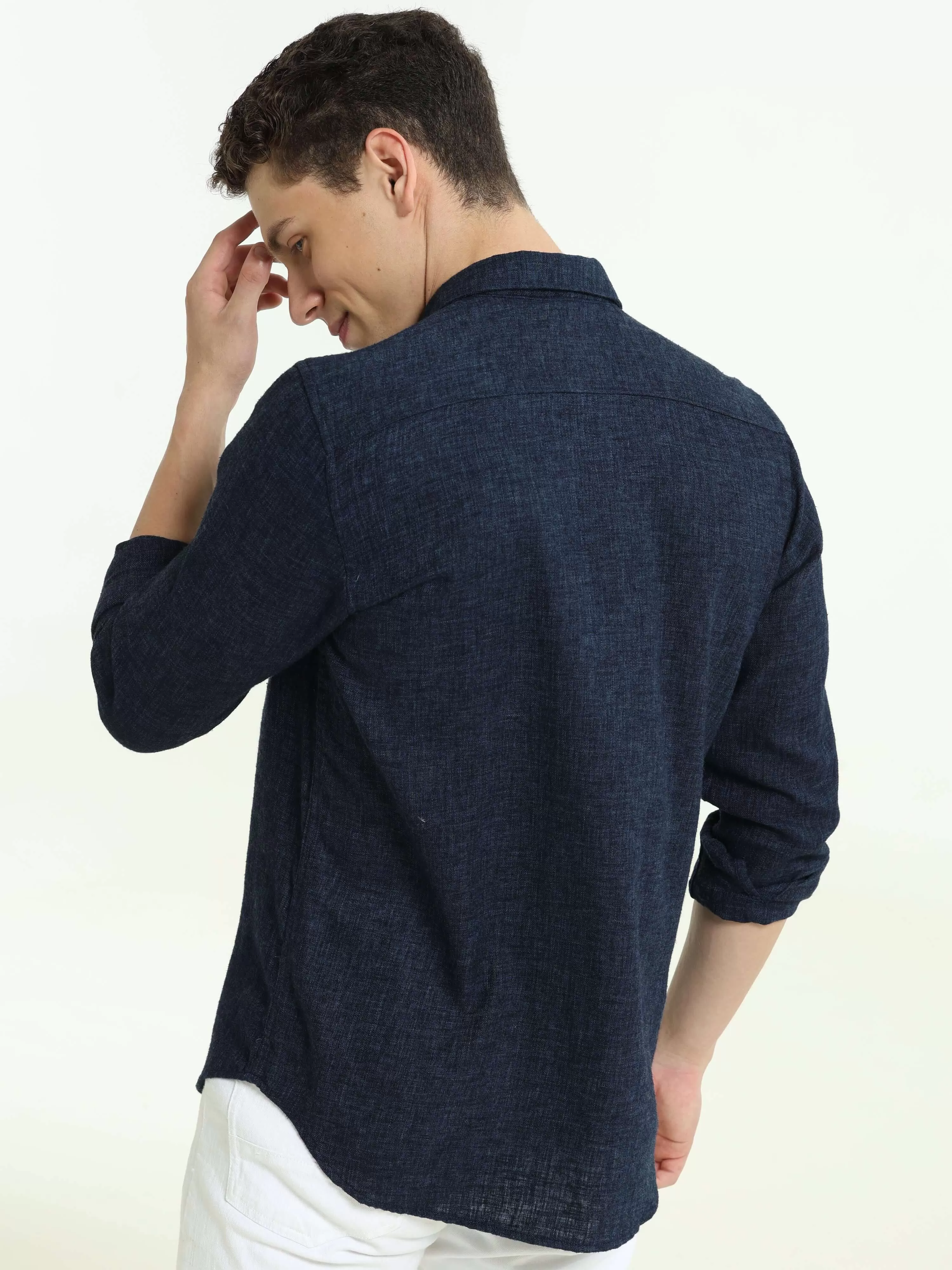 Indigo navy solid double pocket shirt