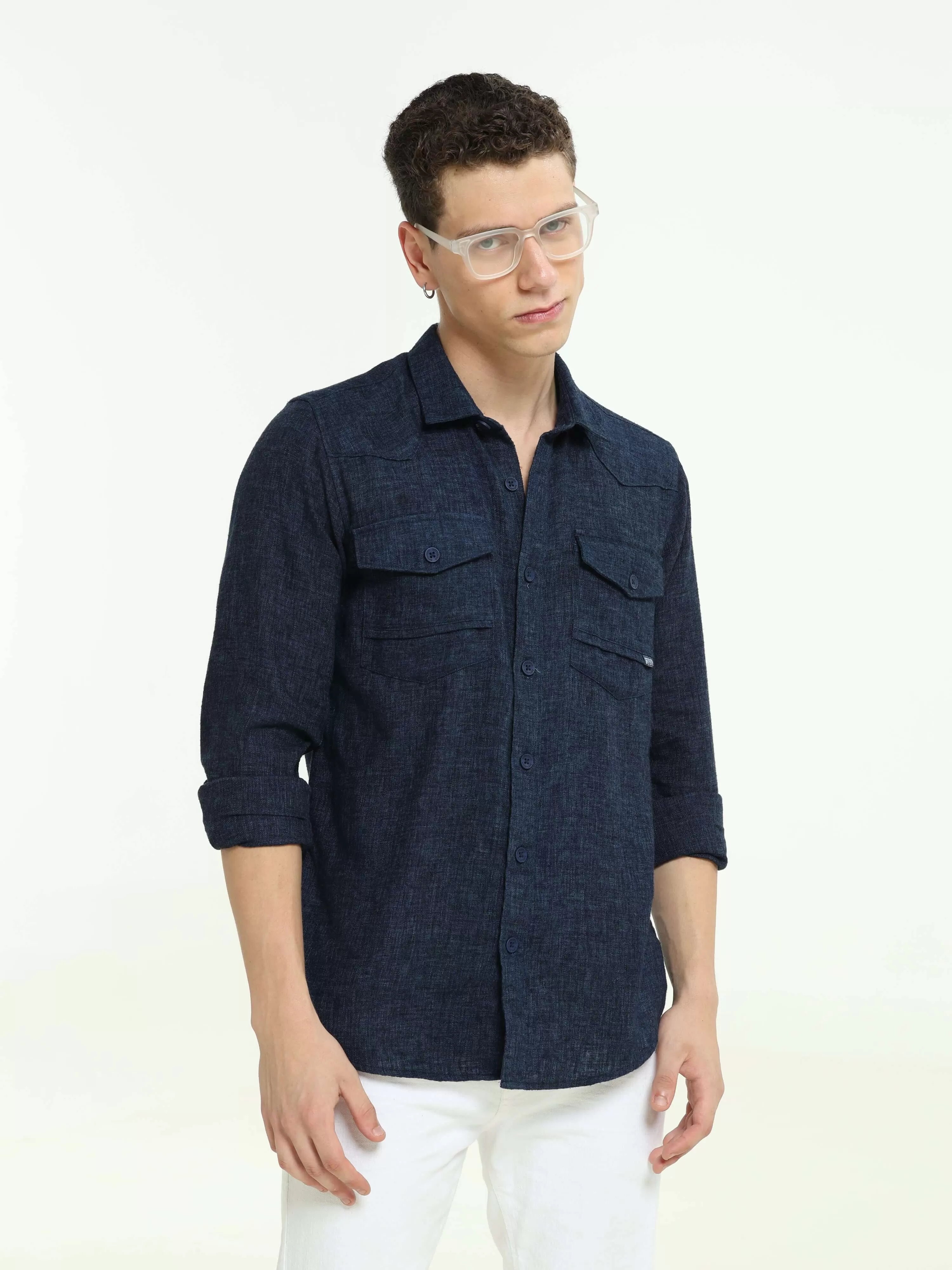 Indigo navy solid double pocket shirt