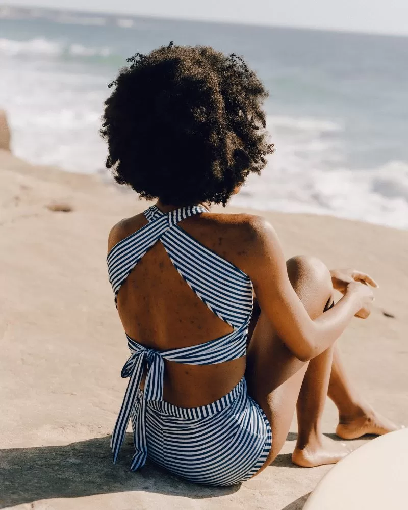 Indigo Stripe Cross-Back Crop Top