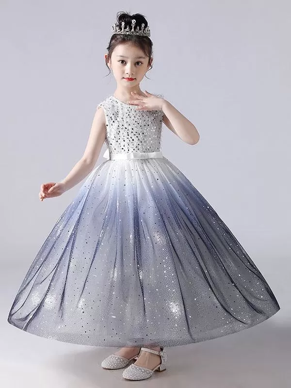 Ink Blue Flower Girl Dresses Sleeveless Gradient Sequins Kids Princess Party Dresses