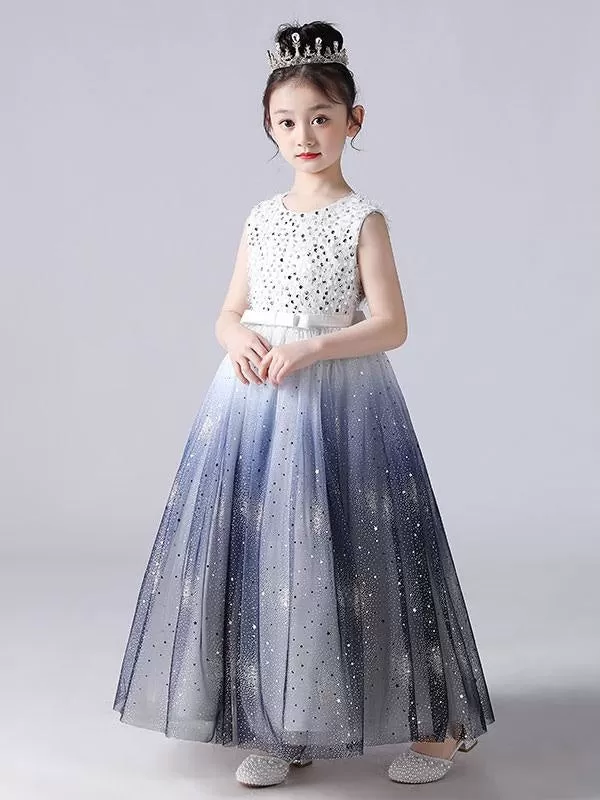 Ink Blue Flower Girl Dresses Sleeveless Gradient Sequins Kids Princess Party Dresses