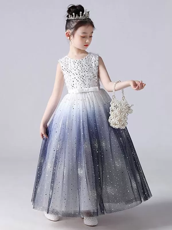 Ink Blue Flower Girl Dresses Sleeveless Gradient Sequins Kids Princess Party Dresses