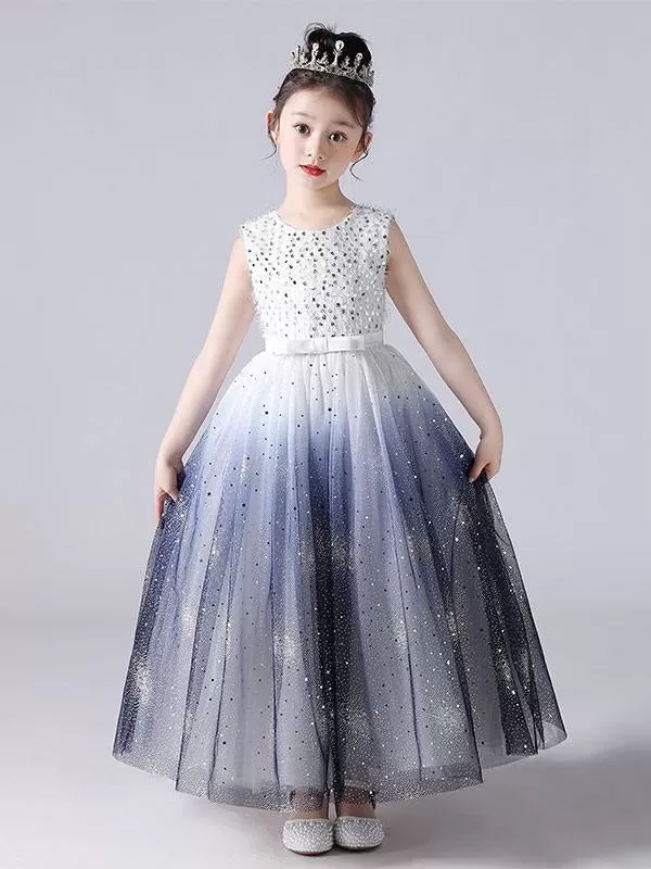 Ink Blue Flower Girl Dresses Sleeveless Gradient Sequins Kids Princess Party Dresses