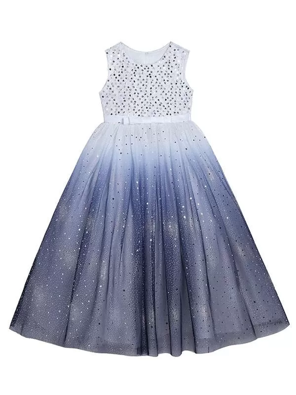 Ink Blue Flower Girl Dresses Sleeveless Gradient Sequins Kids Princess Party Dresses