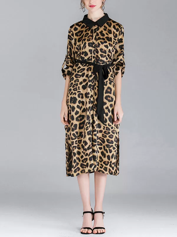 Ivy Vintage Contrasting Lapel Neck Animal Print Buttoned Belted Midi Dress