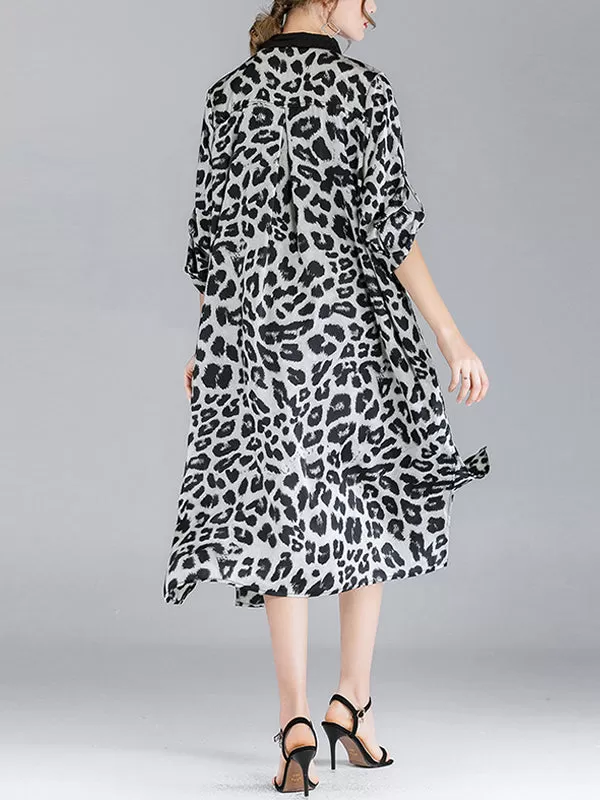 Ivy Vintage Contrasting Lapel Neck Animal Print Buttoned Belted Midi Dress