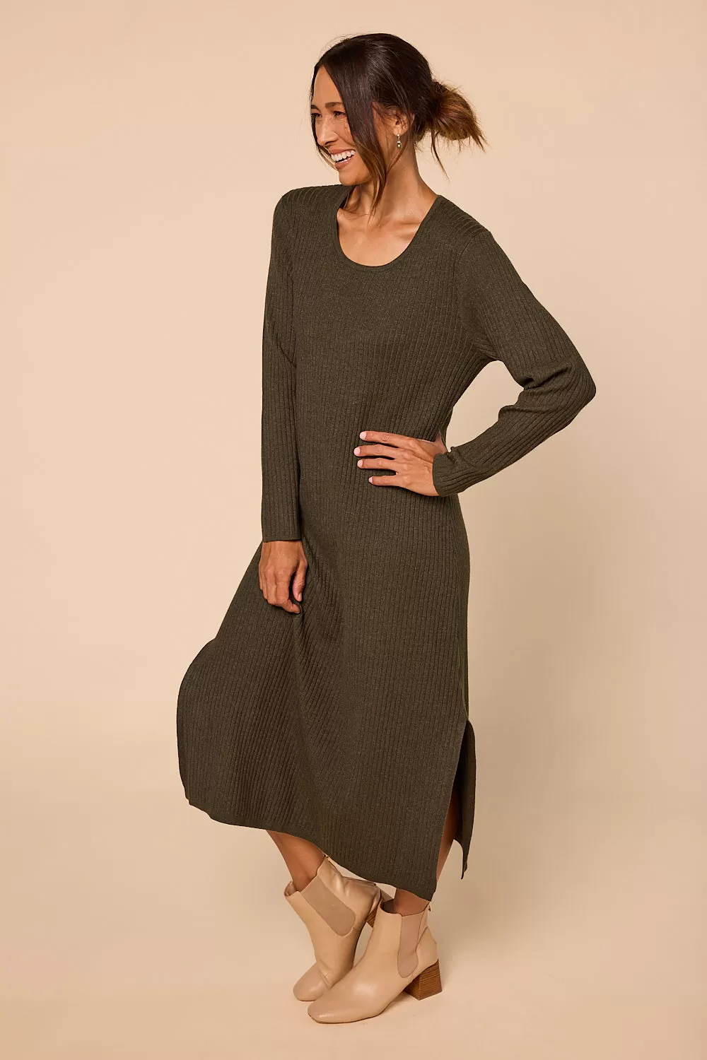 Knitted Straight Dress in Khaki