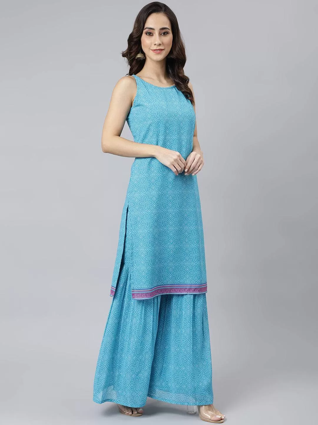 Light Blue Georgette Bandhani Print Kurta with Sharara and Dupatta