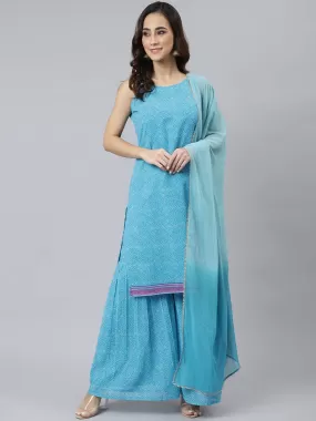 Light Blue Georgette Bandhani Print Kurta with Sharara and Dupatta