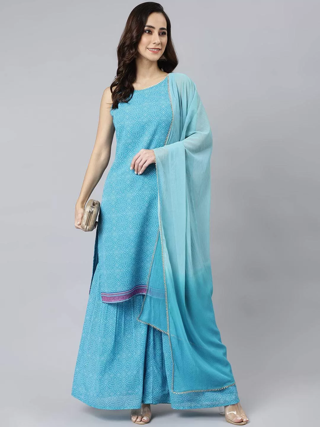 Light Blue Georgette Bandhani Print Kurta with Sharara and Dupatta