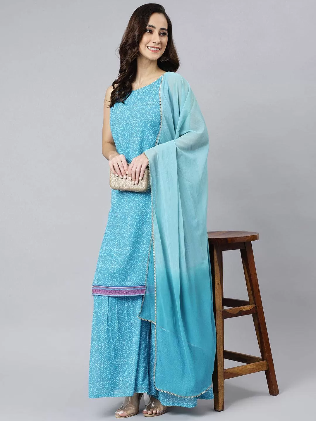 Light Blue Georgette Bandhani Print Kurta with Sharara and Dupatta