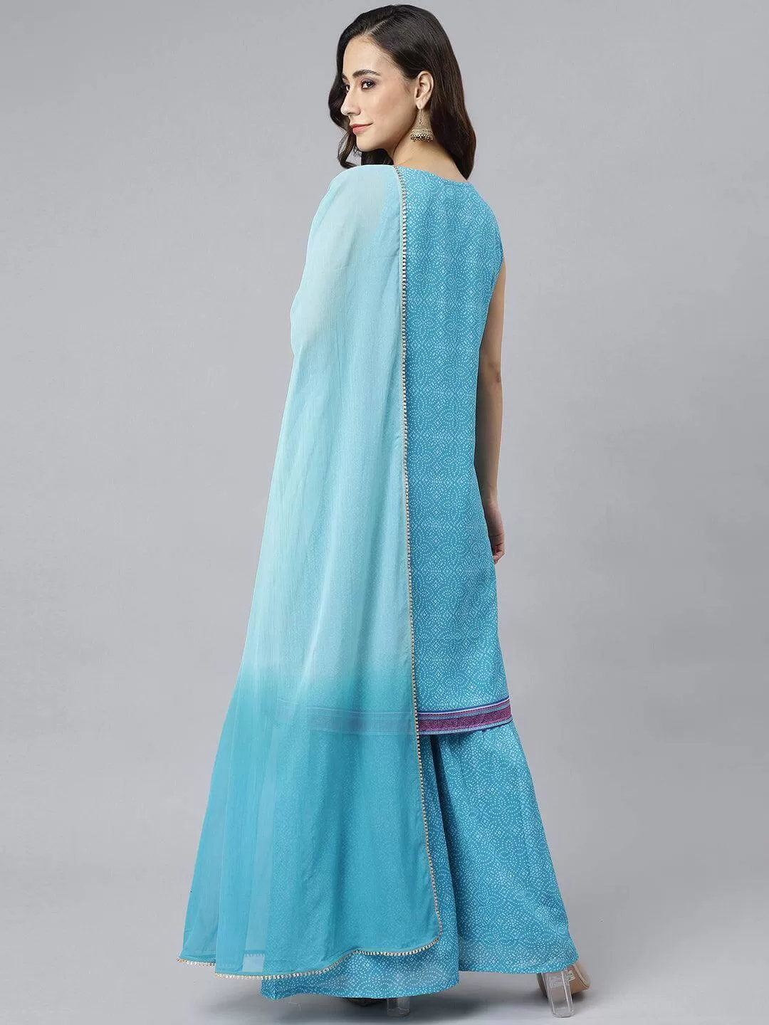 Light Blue Georgette Bandhani Print Kurta with Sharara and Dupatta