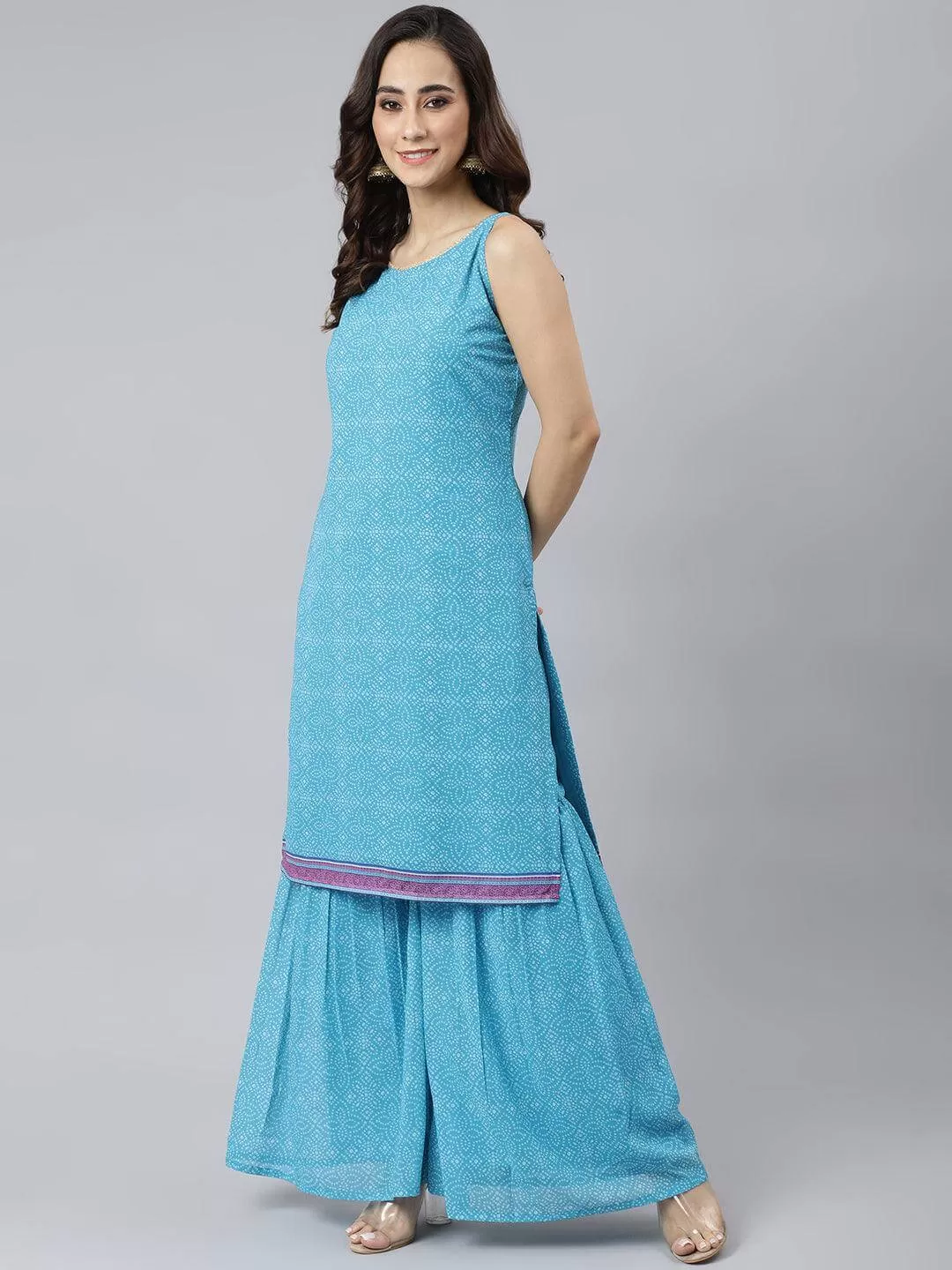 Light Blue Georgette Bandhani Print Kurta with Sharara and Dupatta