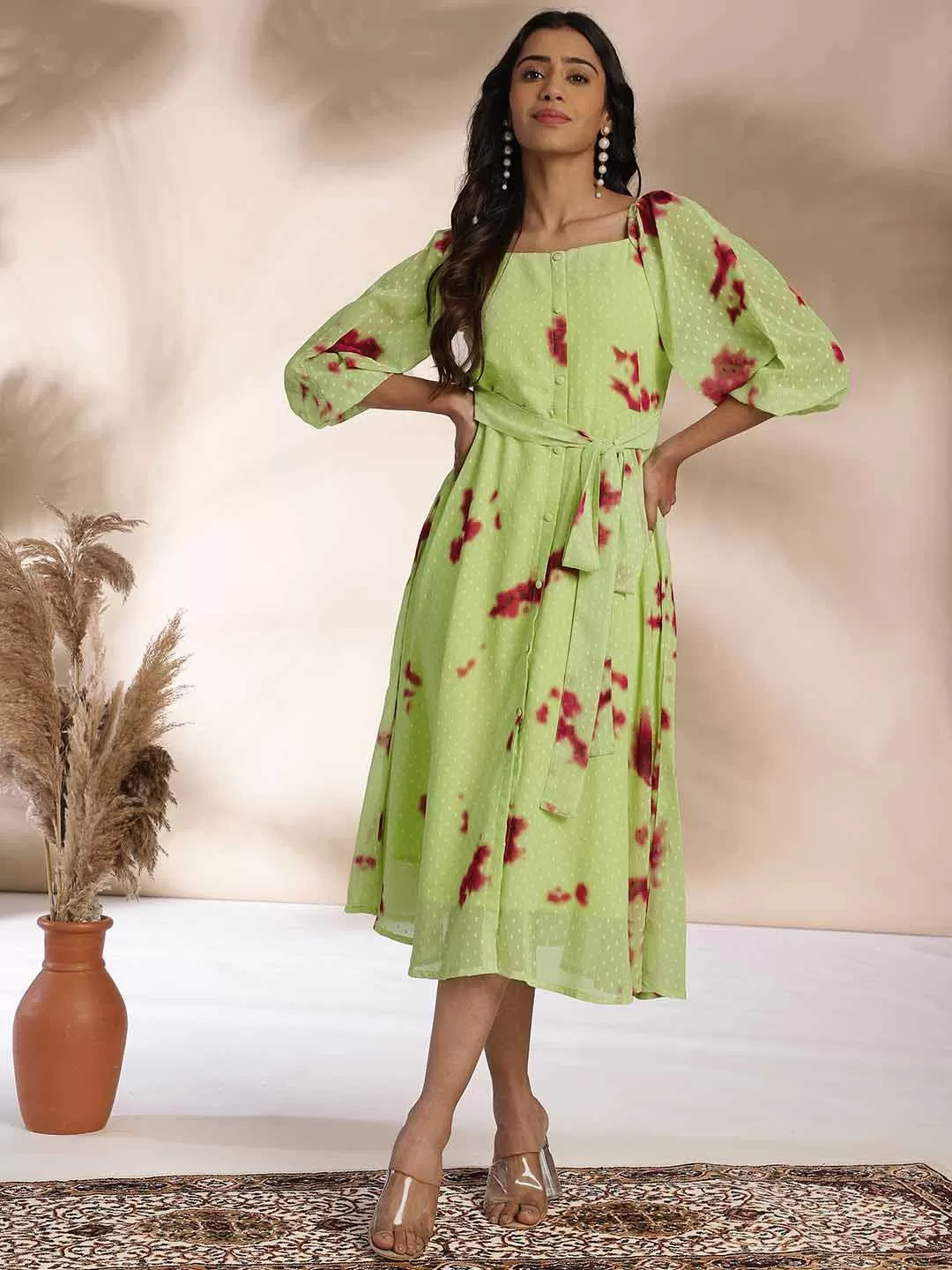 Light Green Dobby Georgette Tie & Dye A-Line Dress