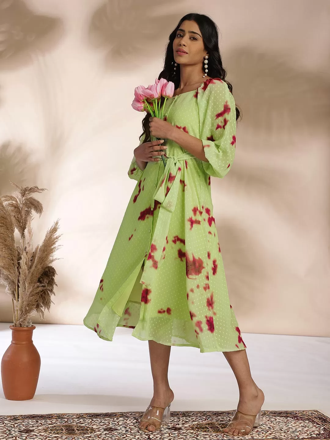 Light Green Dobby Georgette Tie & Dye A-Line Dress