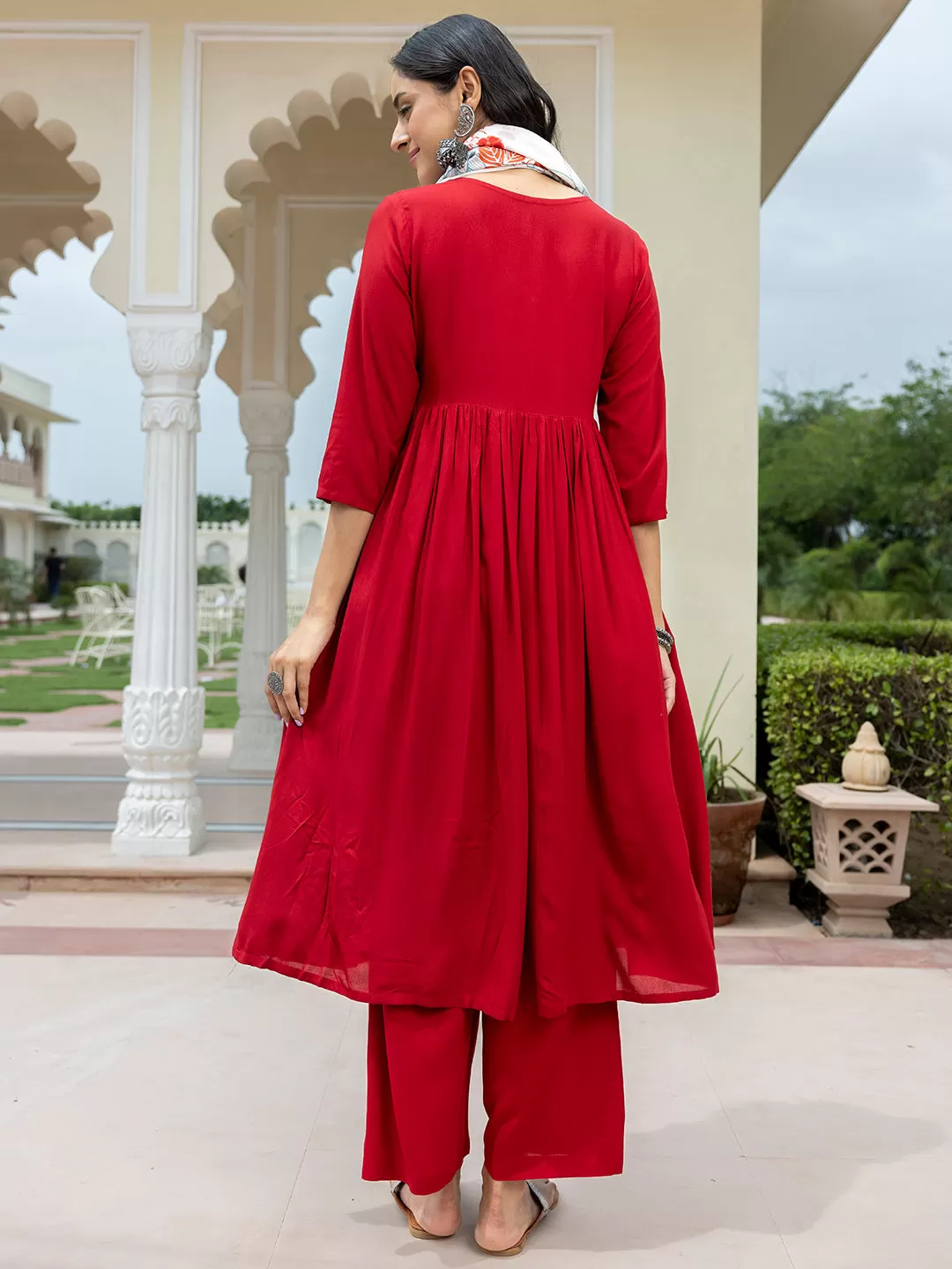 Maroon Rayon Solid Kurta with Palazzo and Scarf