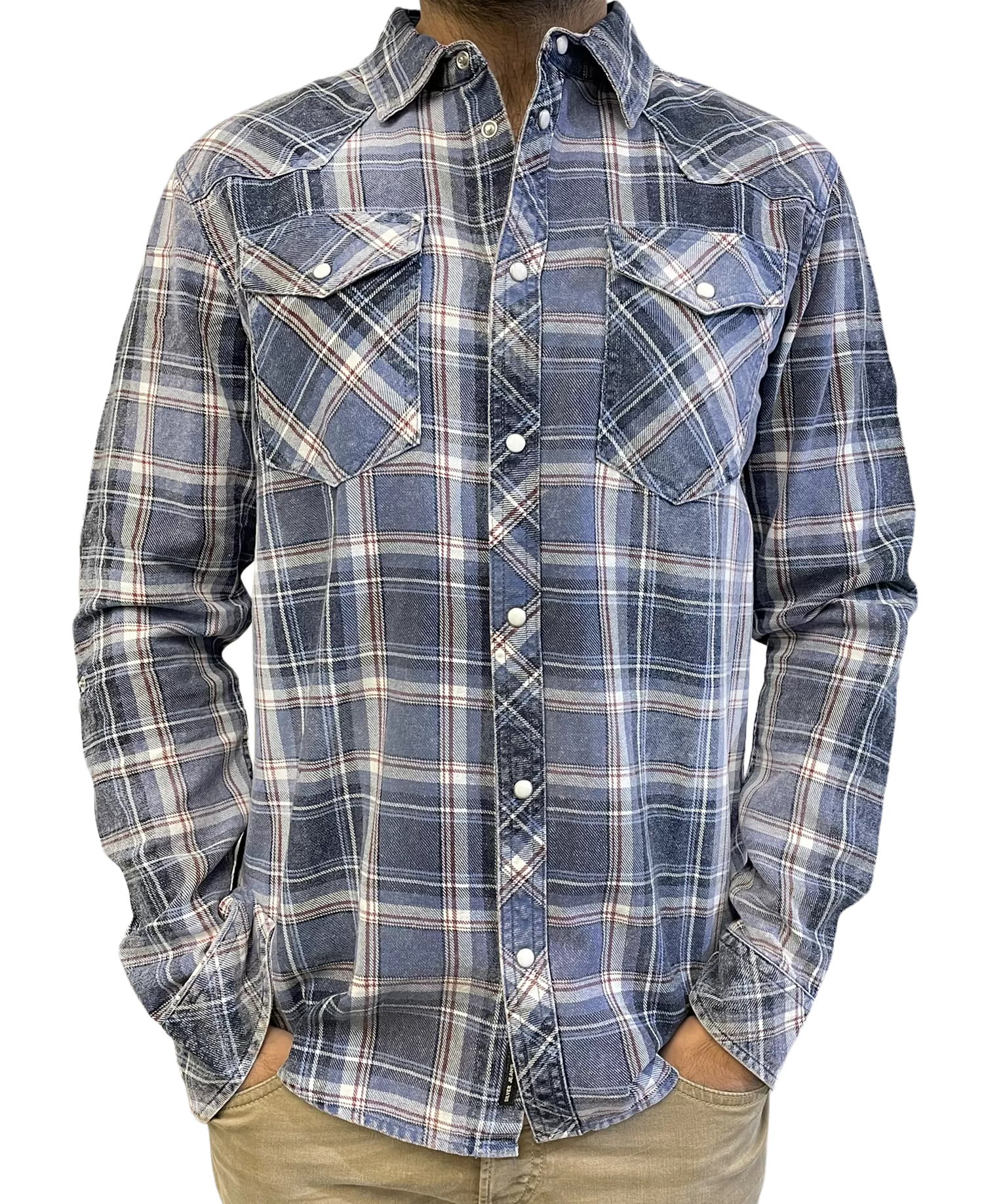 MEN’S ACID WASH INDIGO PLAID SHIRT