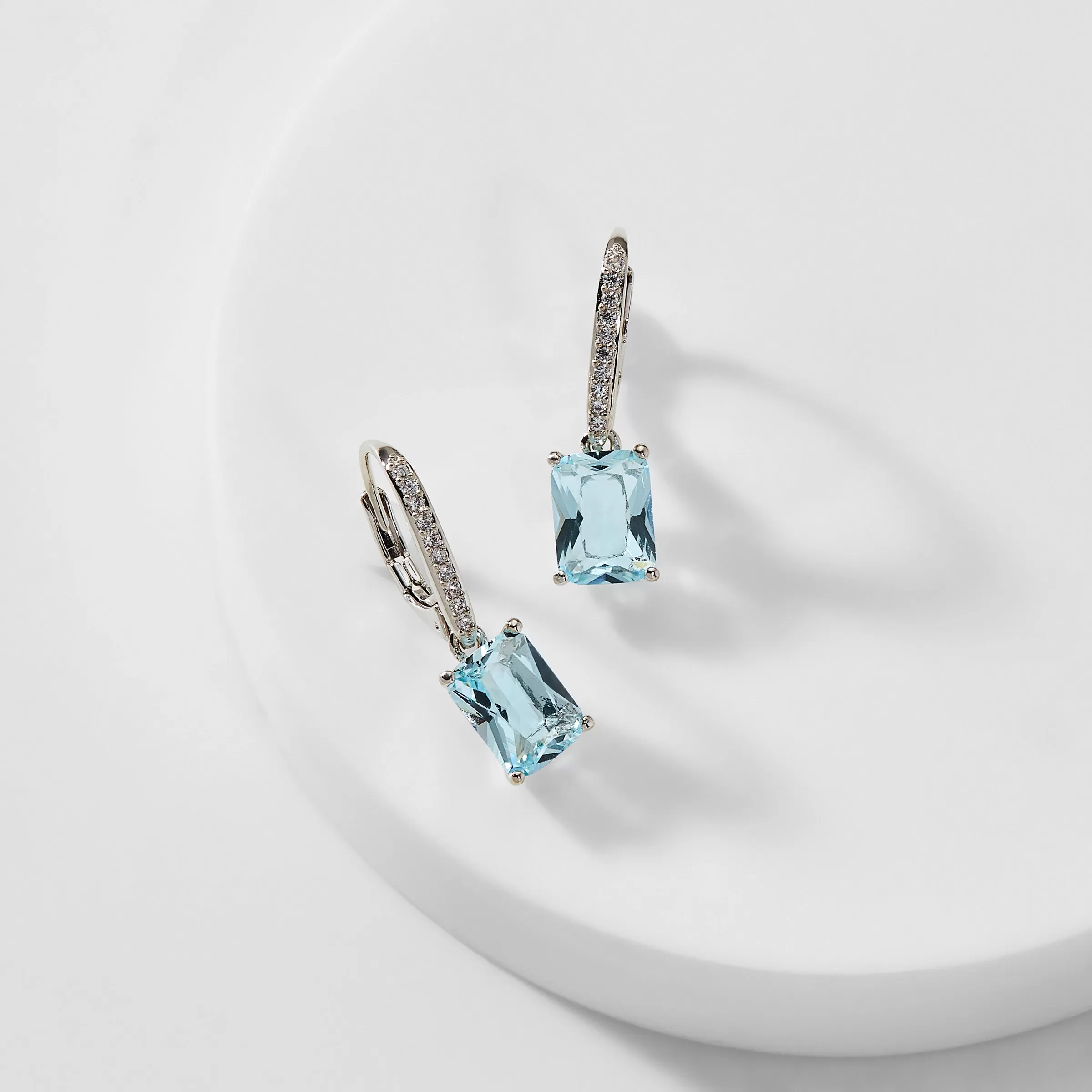 MODERN LOVE EMERALD CUT AQUA DROP EARRINGS