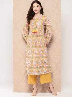 Multicolor Cotton Ethnic Motifs A-Line Kurta