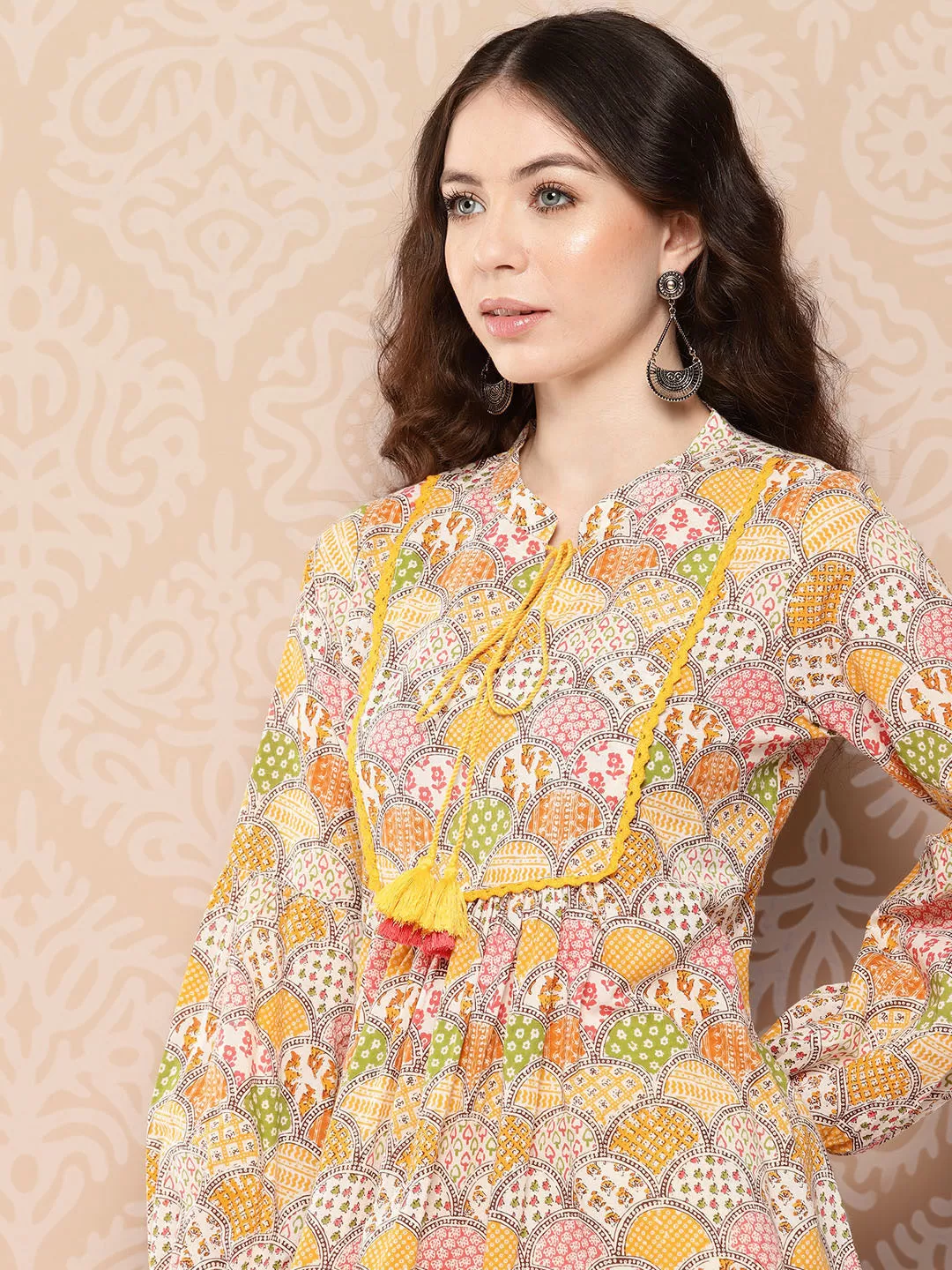 Multicolor Cotton Ethnic Motifs A-Line Kurta