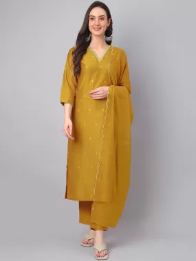 Mustard Chinnon Embroidered Regular Kurta Set