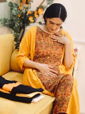 Mustard Crepe Ethnic Printed A-Line Maternity Kurta