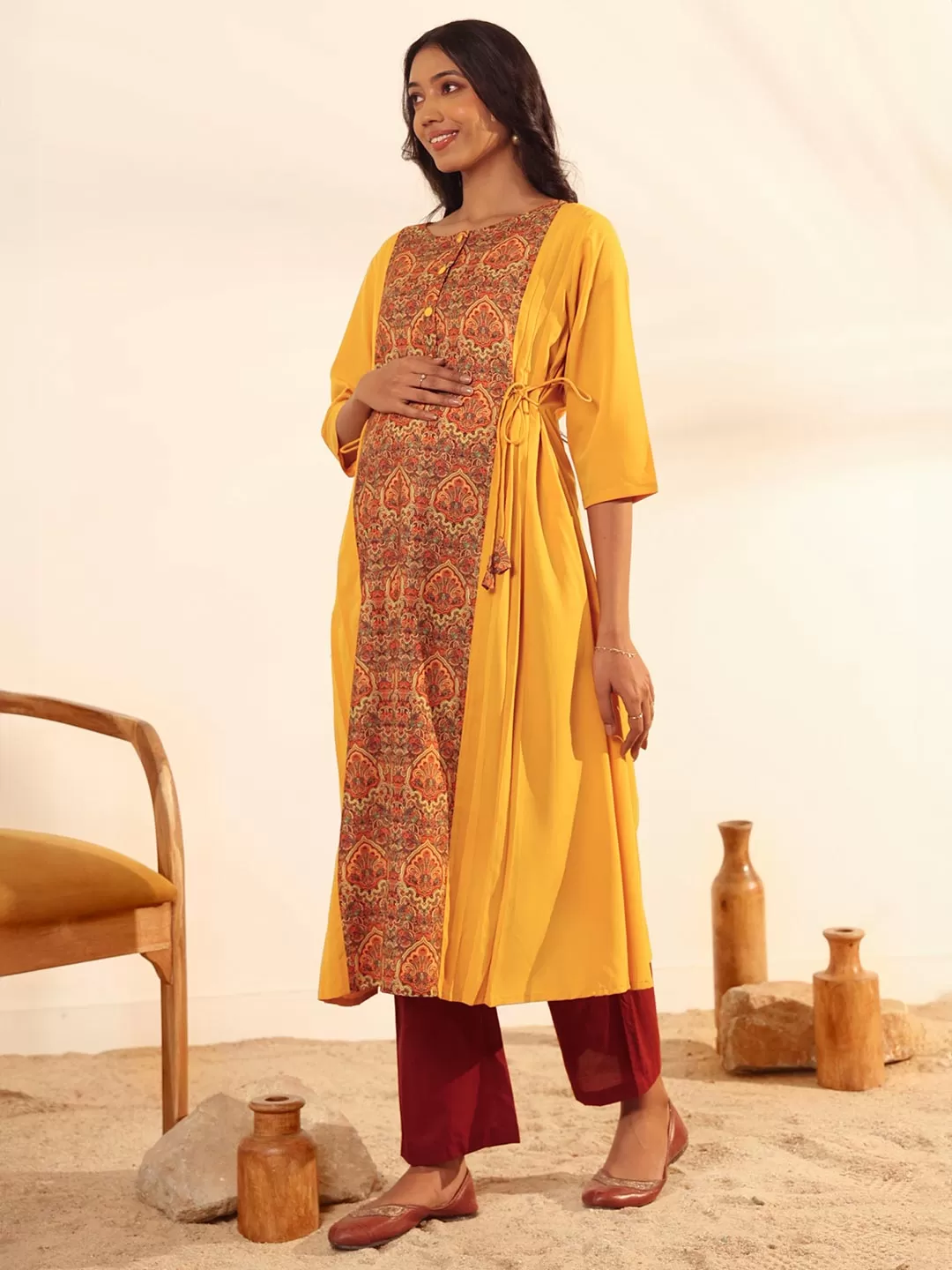 Mustard Crepe Ethnic Printed A-Line Maternity Kurta