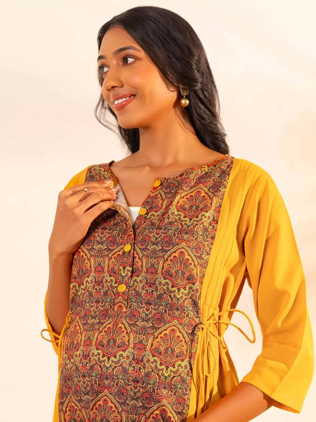 Mustard Crepe Ethnic Printed A-Line Maternity Kurta